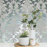 CB53802 Teal silver metallic foil matt gray Acanthus Leaves damask Victorian wallpaper
