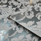 CB53802 Teal silver metallic foil matt gray Acanthus Leaves damask Victorian wallpaper
