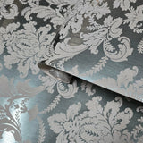 CB53802 Teal silver metallic foil matt gray Acanthus Leaves damask Victorian wallpaper
