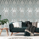 CB53802 Teal silver metallic foil matt gray Acanthus Leaves damask Victorian wallpaper
