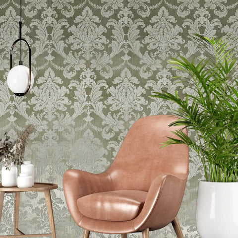 CB53806 Brown rust silver metallic matt beige Acanthus Leaves damask Victorian wallpaper
