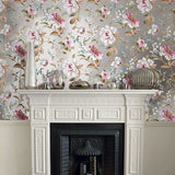 CB54400 Silver foil metallic pink blossom branches flowers blooming peonies wallpaper 3D
