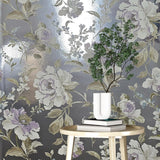 CB54404 Silver foil metallic purple blossom branches flowers blooming peonies wallpaper
