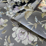 CB54404 Silver foil metallic purple blossom branches flowers blooming peonies wallpaper

