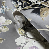 CB54404 Silver foil metallic purple blossom branches flowers blooming peonies wallpaper
