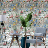 CB54601 Silver foil metallic blue Chinoiserie blossom branches birds flowers wallpaper
