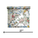 CB54601 Silver foil metallic blue Chinoiserie blossom branches birds flowers wallpaper
