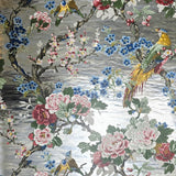 CB54601 Silver foil metallic blue Chinoiserie blossom branches birds flowers wallpaper
