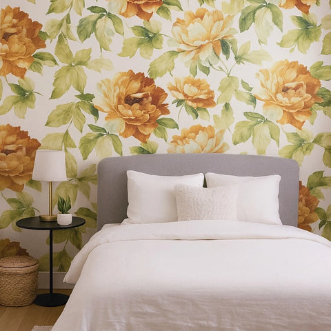 CB90003 Floral orange green off white large peony flowers botanical blooms Wallpaper 3D
