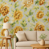 CB90013 Floral yellow green brown silver large peony flowers botanical blooms Wallpaper
