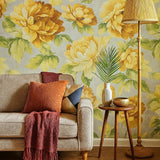 CB90013 Floral yellow green brown silver large peony flowers botanical blooms Wallpaper
