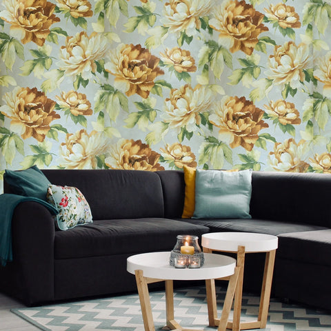 CB90013 Floral yellow green brown silver large peony flowers botanical blooms Wallpaper
