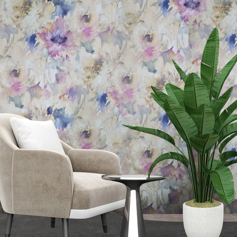 CB90109 Pastel Beige blue pink purple floral Impressionist Watercolor flowers wallpaper
