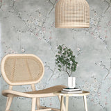 CB90208 Gray silver watercolor white pink cherry blossom branches Chinoiserie wallpaper
