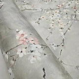 CB90208 Gray silver watercolor white pink cherry blossom branches Chinoiserie wallpaper
