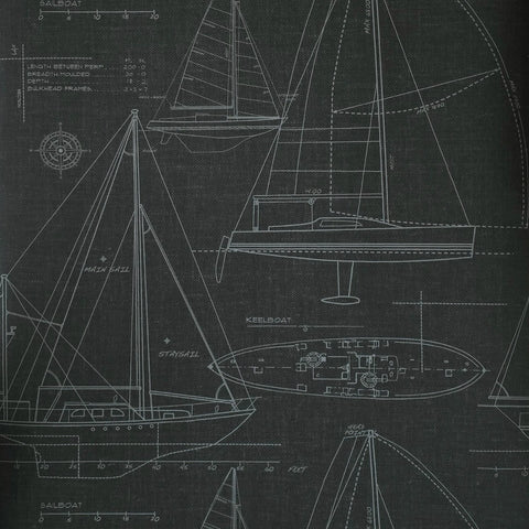 CC51900 Dark gray nautical blueprint sailing boat coastal Marine drawings wallpaper roll

