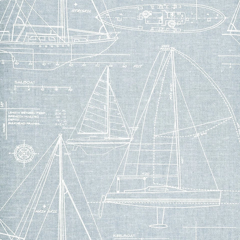 CC51912 Baby blue nautical blueprint sailing boat coastal Marine drawings wallpaper roll

