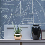 CC51922 Dark navy blue nautical blueprint sailing boat coastal Marine drawings wallpaper