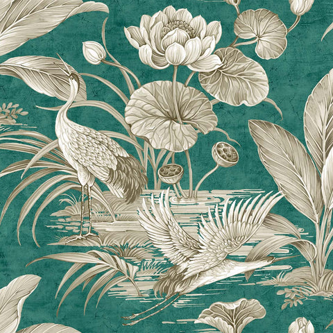CH30904 Tsuru Bird Emerald Wallpaper