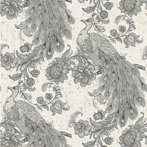 CL20000 Black White Robinhood Faux Cork Peacock Floral Wallpaper