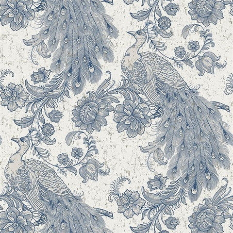 CL20002 Blue Robinhood Faux Cork Peacock Floral Wallpaper