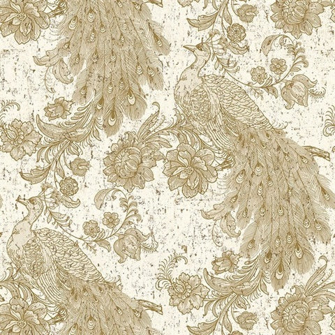 CL20006 Gold Robinhood Faux Cork Peacock Floral Wallpaper