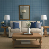 CL71302 Soft light blue navy plaid grid square lines faux woven linen fabric wallpaper