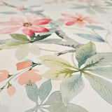 CR20802 Off White green tree branches leaves blooming pink flowers botanical Wallpaper
