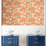 CR20807 Orange copper green tree branches leaves blooming flowers botanical Wallpaper 3D