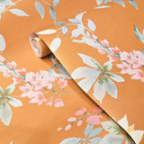 CR20807 Orange copper green tree branches leaves blooming flowers botanical Wallpaper 3D