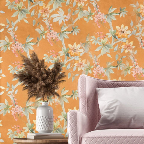 CR20807 Orange copper green tree branches leaves blooming flowers botanical Wallpaper 3D
