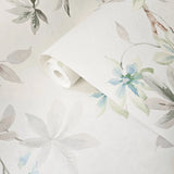 CR20808 Off White green tree branches leaves blooming blue flowers botanical Wallpaper
