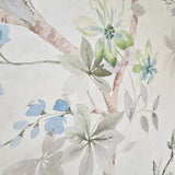 CR20808 Off White green tree branches leaves blooming blue flowers botanical Wallpaper
