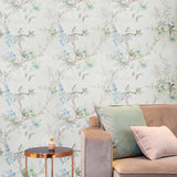 CR20808 Off White green tree branches leaves blooming blue flowers botanical Wallpaper
