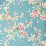 CR20812 Teal blue green tree branches leaves blooming pink flowers botanical Wallpaper
