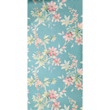 CR20812 Teal blue green tree branches leaves blooming pink flowers botanical Wallpaper
