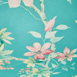 CR20812 Teal blue green tree branches leaves blooming pink flowers botanical Wallpaper

