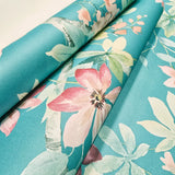 CR20812 Teal blue green tree branches leaves blooming pink flowers botanical Wallpaper
