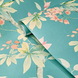 CR20812 Teal blue green tree branches leaves blooming pink flowers botanical Wallpaper
