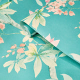 CR20812 Teal blue green tree branches leaves blooming pink flowers botanical Wallpaper
