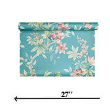 CR20812 Teal blue green tree branches leaves blooming pink flowers botanical Wallpaper
