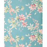 CR20812 Teal blue green tree branches leaves blooming pink flowers botanical Wallpaper
