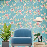 CR20812 Teal blue green tree branches leaves blooming pink flowers botanical Wallpaper
