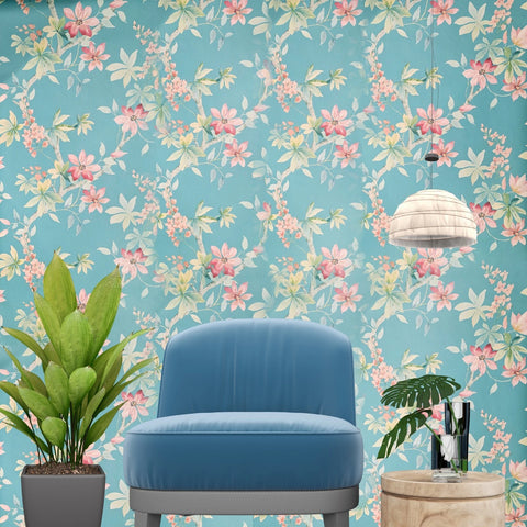 CR20812 Teal blue green tree branches leaves blooming pink flowers botanical Wallpaper
