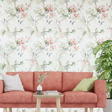 CR20817 Off White brown tree branches leaves blooming pink flowers botanical Wallpaper
