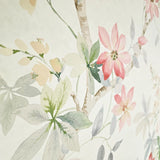 CR20817 Off White brown tree branches leaves blooming pink flowers botanical Wallpaper
