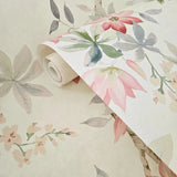 CR20817 Off White brown tree branches leaves blooming pink flowers botanical Wallpaper
