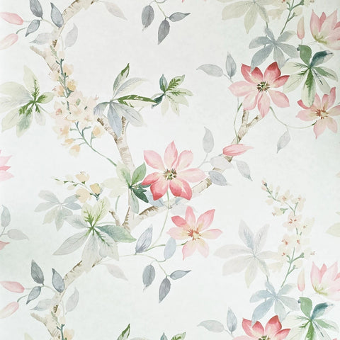 CR20817 Off White brown tree branches leaves blooming pink flowers botanical Wallpaper
