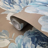 CR21302 Bronze metallic blue floral large peony blossom flowers Biedermeier wallpaper 3D
