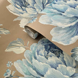 CR21302 Bronze metallic blue floral large peony blossom flowers Biedermeier wallpaper 3D